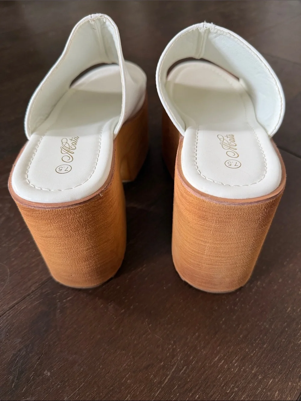 ACata White Platform Slide Sandals with Wood-Effect Wedge Size 7.5
